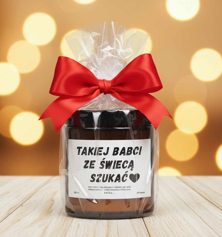 Świeca „Takiej babci ze świecą szukać” zapakowana na prezent