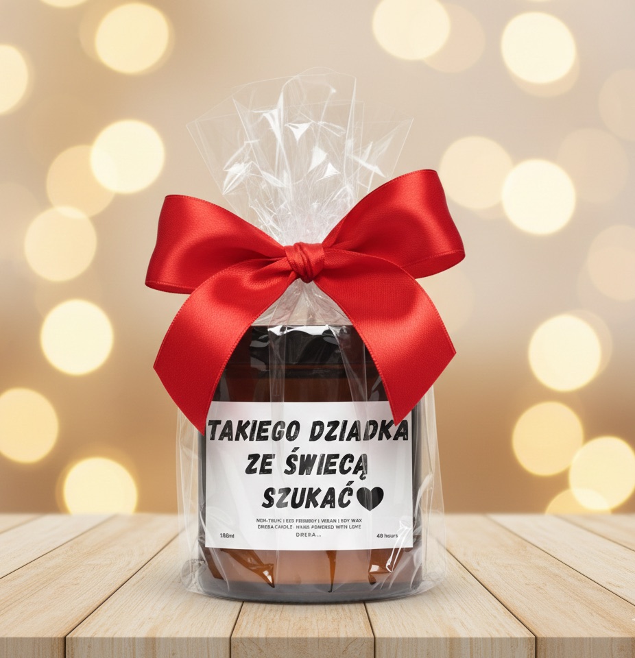 Świeca „Takiego dziadka ze świecą szukać” zapakowana na prezent