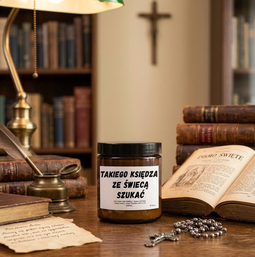 Świeca KVASARO „Takiego księdza ze świecą szukać” na biurku wśród starych książek