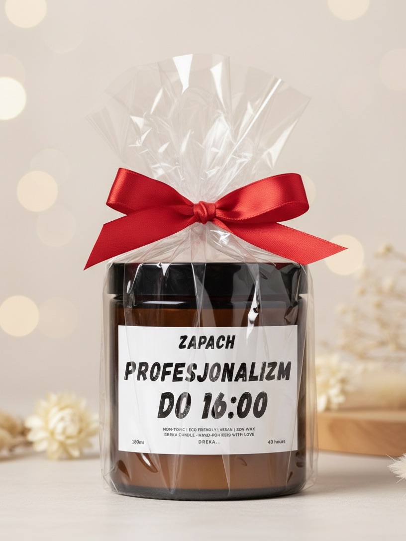 Świeca „Zapach profesjonalizmu do 16:00” zapakowana na prezent