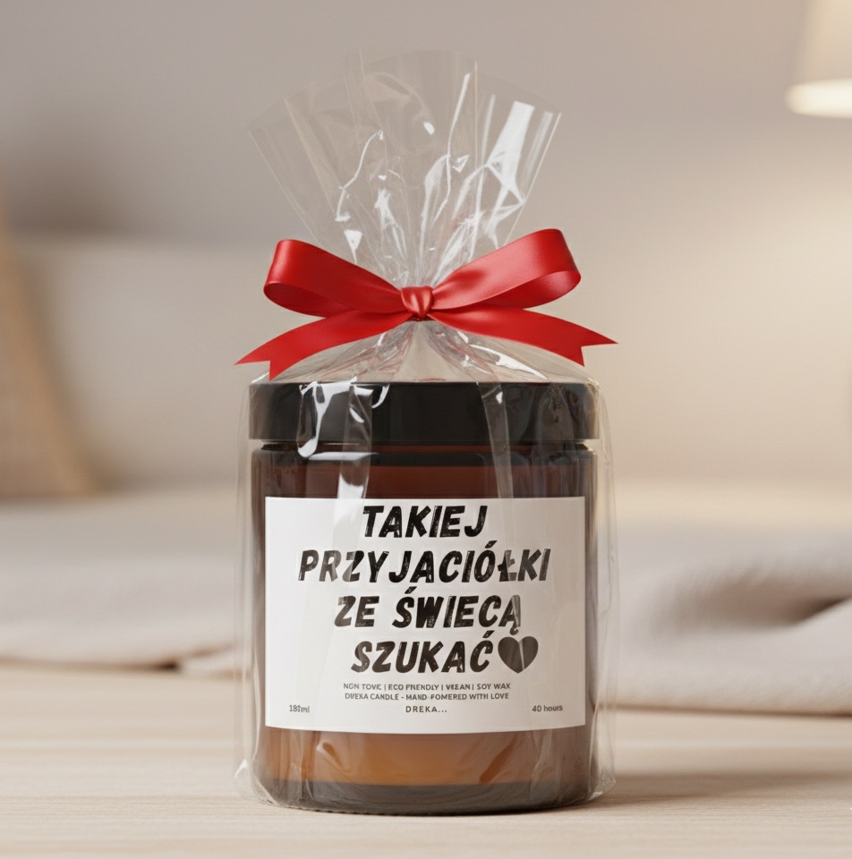 Świeca „Takiej przyjaciółki ze świecą szukać” zapakowana na prezent