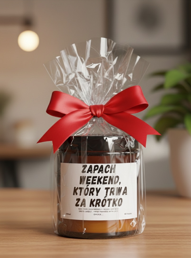Świeca „Zapach weekendu, który trwa za krótko” zapakowana na prezent
