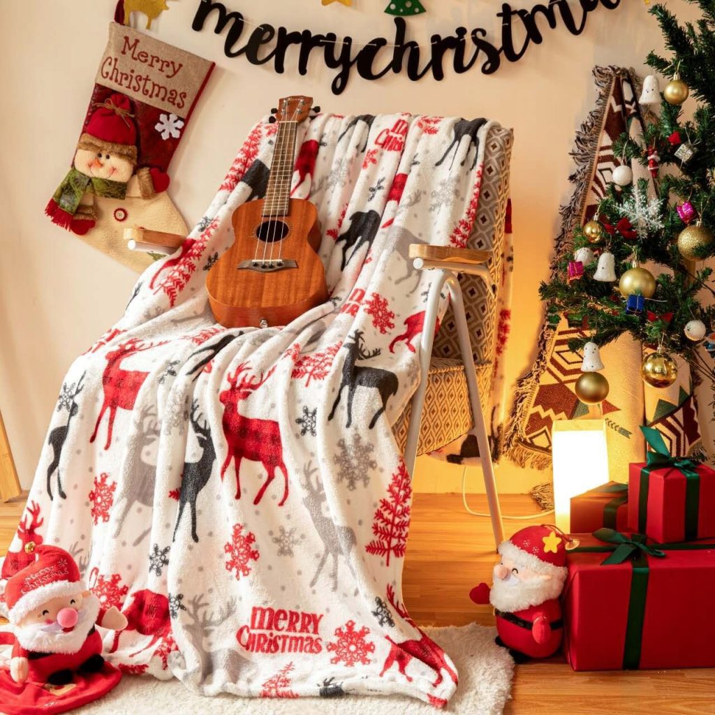 Koc świąteczny 160 × 200 cm — Renifery — Merry Christmas