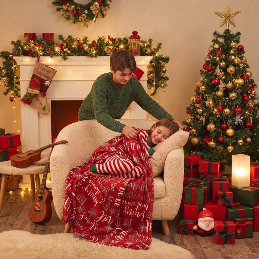 Koc świąteczny 160 × 200 cm — Czerwony — Ho Ho Ho