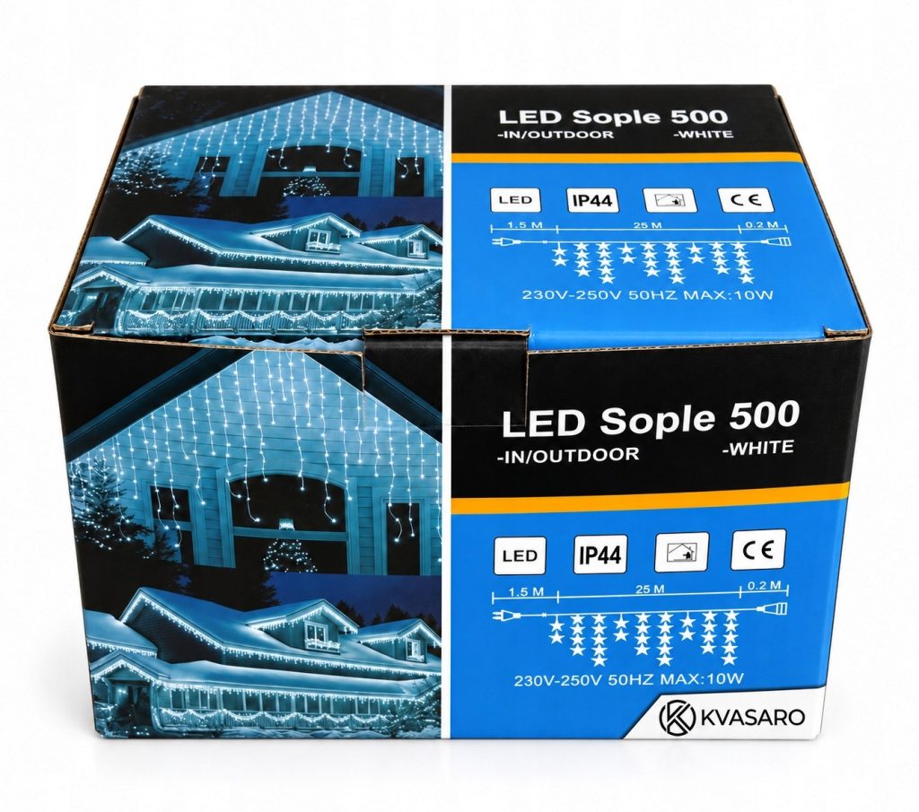 SOPLE 500 LED KURTYNA LAMPKI ZEWNĘTRZNE IP44 BIAŁY ZIMNY + ZIMNY FLASH 25M