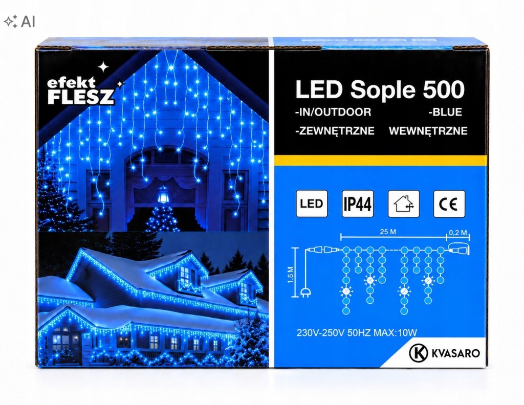 SOPLE 500LED KURTYNA LAMPKI ZEWNĘTRZNE IP44 NIEBIESKI + ZIMNY FLASH 25M — zielony kabel