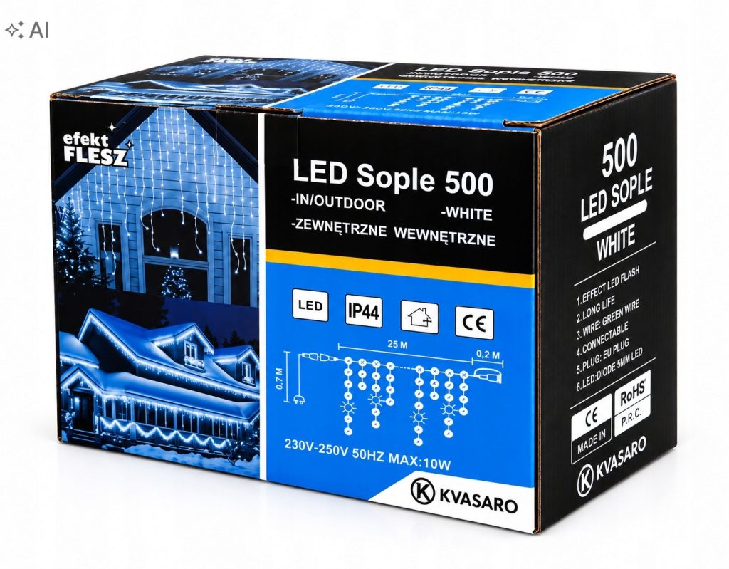 SOPLE 500LED KURTYNA LAMPKI ZEWNĘTRZNE IP44 BIAŁY ZIMNY+NIEBIESKI FLASH 25M — zielony kabel