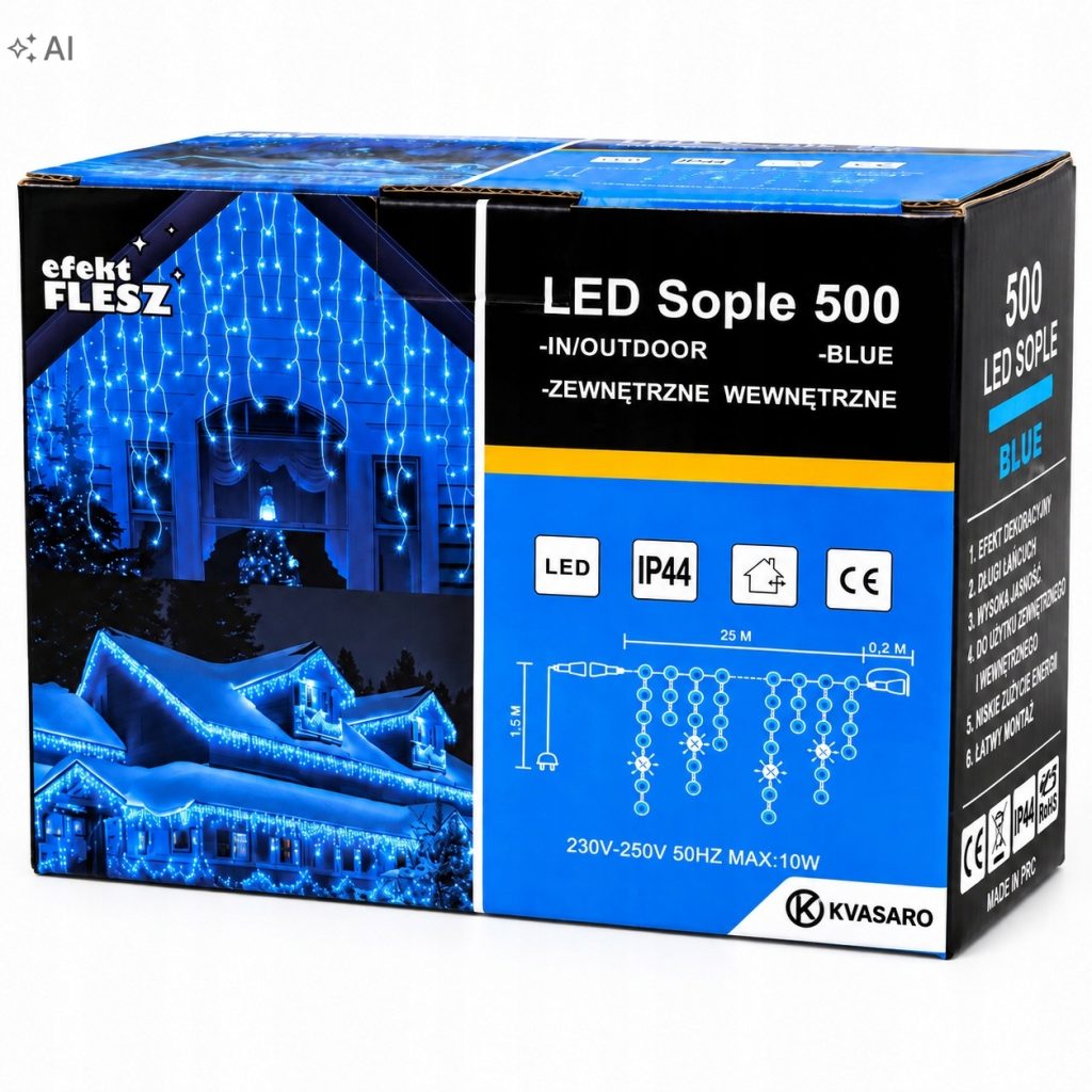 SOPLE 500LED KURTYNA LAMPKI ZEWNĘTRZNE IP44 NIEBIESKI + ZIMNY FLASH 25M — zielony kabel