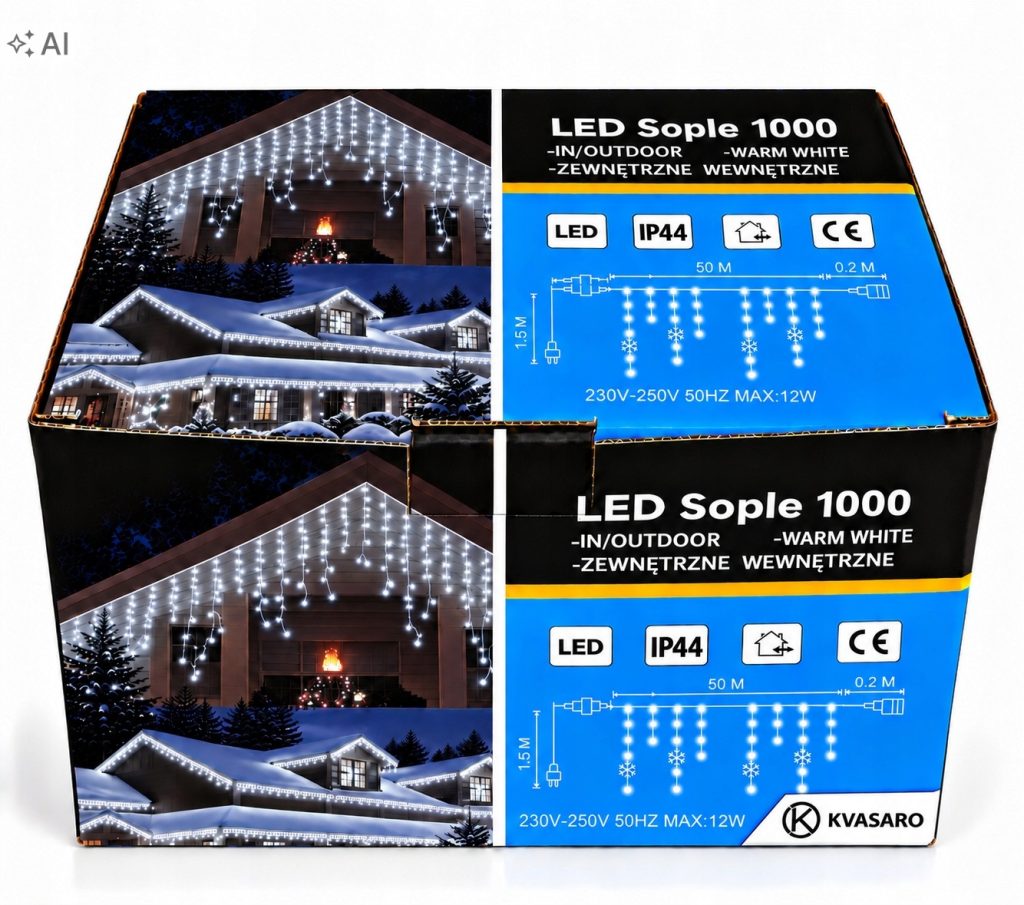 SOPLE 1000 LED KURTYNA LAMPKI ZEWNĘTRZNE IP44 BIAŁY ZIMNY + ZIMNY FLASH 50M
