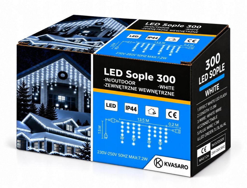 SOPLE 300 LED KURTYNA LAMPKI ZEWNĘTRZNE IP44 BIAŁY ZIMNY + ZIMNY FLASH 13M