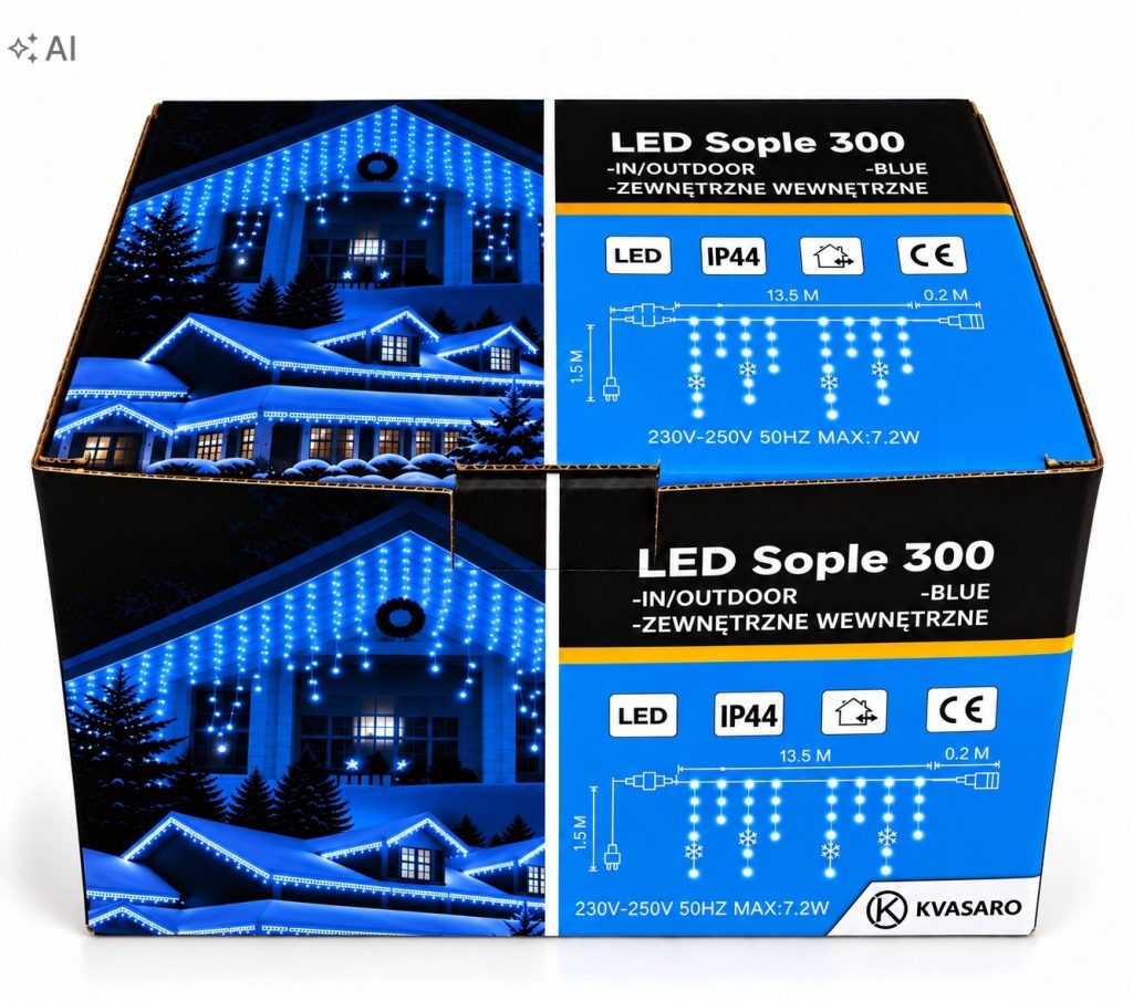 SOPLE 300 LED KURTYNA LAMPKI ZEWNĘTRZNE IP44 NIEBIESKI+ZIMNY FLASH 13,5M