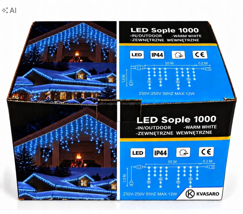 SOPLE 1000 LED KURTYNA LAMPKI ZEWNĘTRZNE IP44 NIEBIESKIE + ZIMNY FLASH 50M