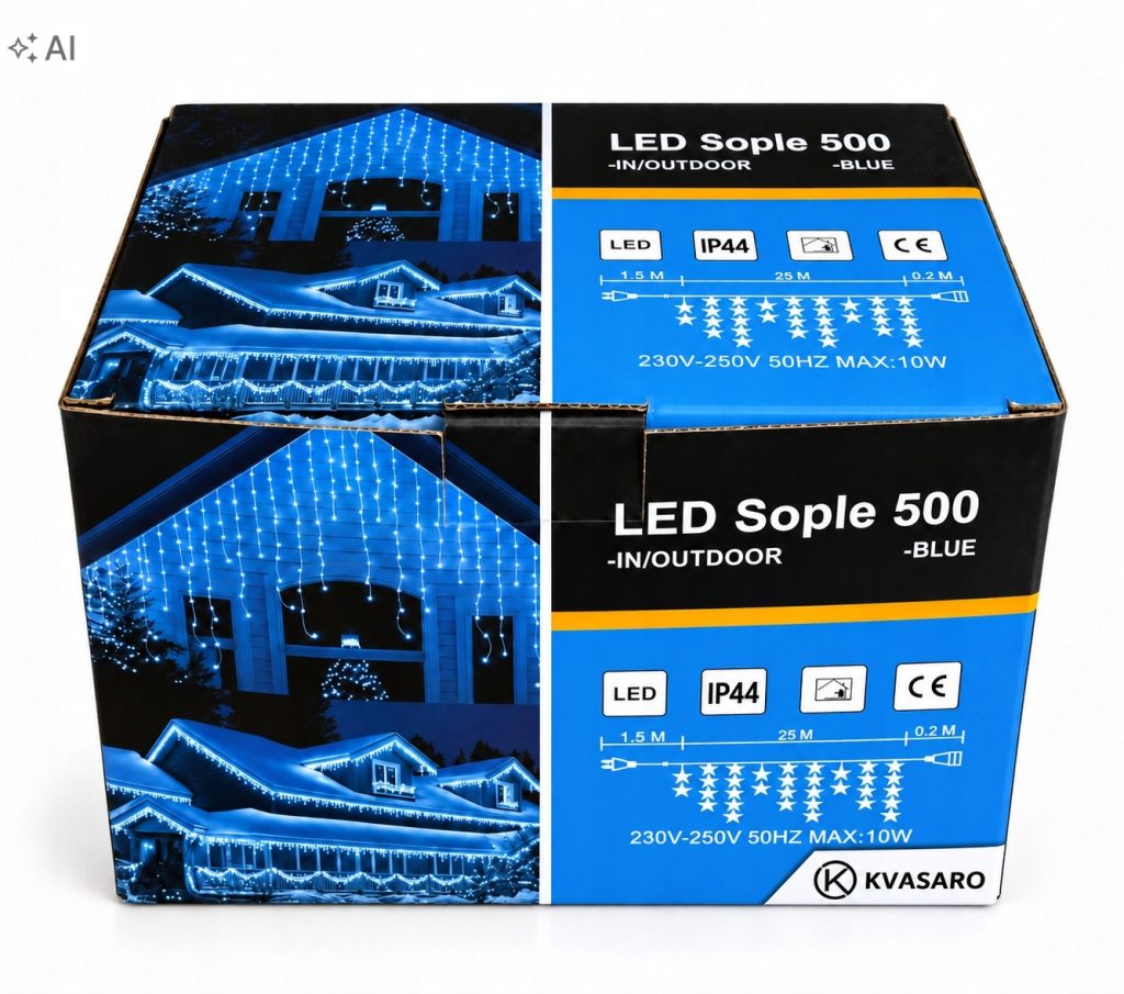 SOPLE 500 LED KURTYNA LAMPKI ZEWNĘTRZNE IP44 NIEBIESKI + ZIMNY FLASH 25M
