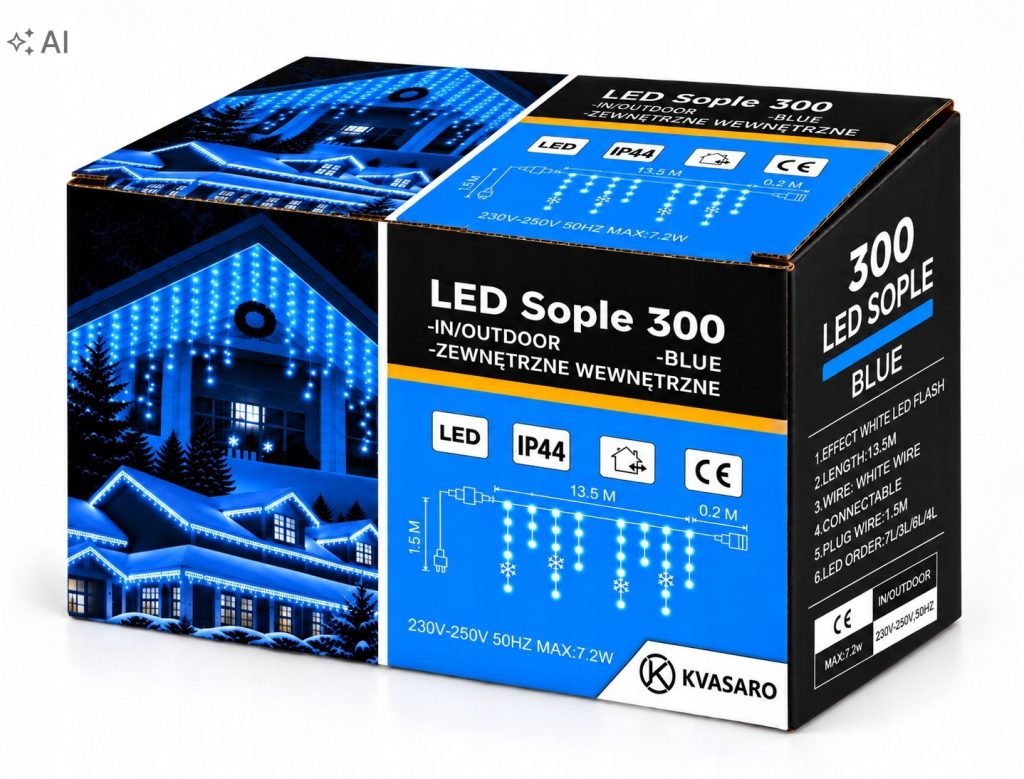 SOPLE 300 LED KURTYNA LAMPKI ZEWNĘTRZNE IP44 NIEBIESKI+ZIMNY FLASH 13,5M