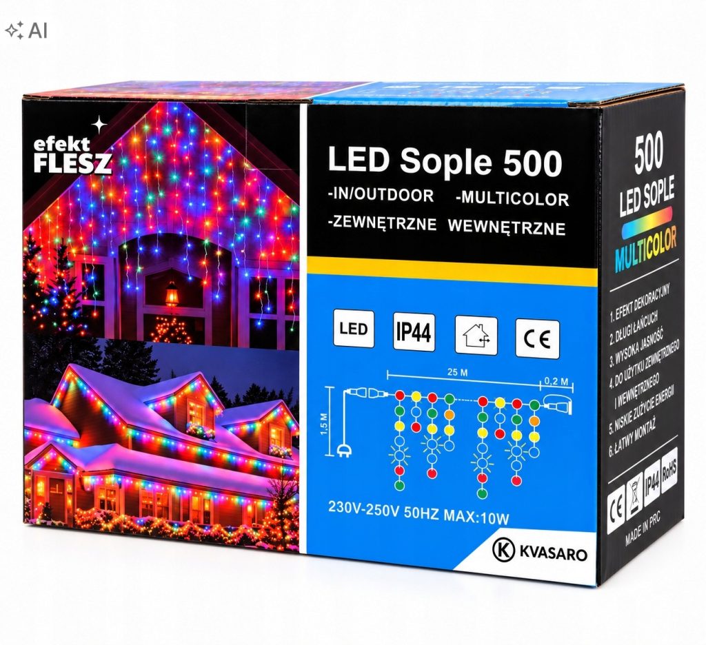 SOPLE 500 LED KURTYNA LAMPKI ZEWNĘTRZNE IP44 MULTICOLOR+NIEBIESKI FLASH 25M — zielony kabel