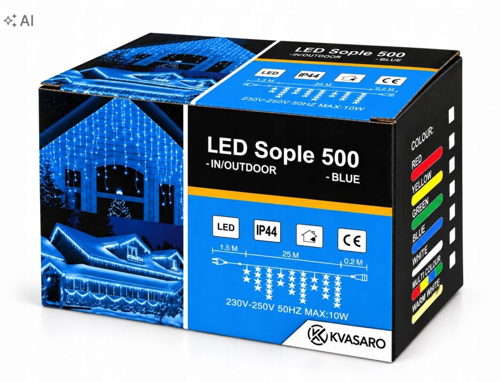 SOPLE 500 LED KURTYNA LAMPKI ZEWNĘTRZNE IP44 NIEBIESKI + ZIMNY FLASH 25M